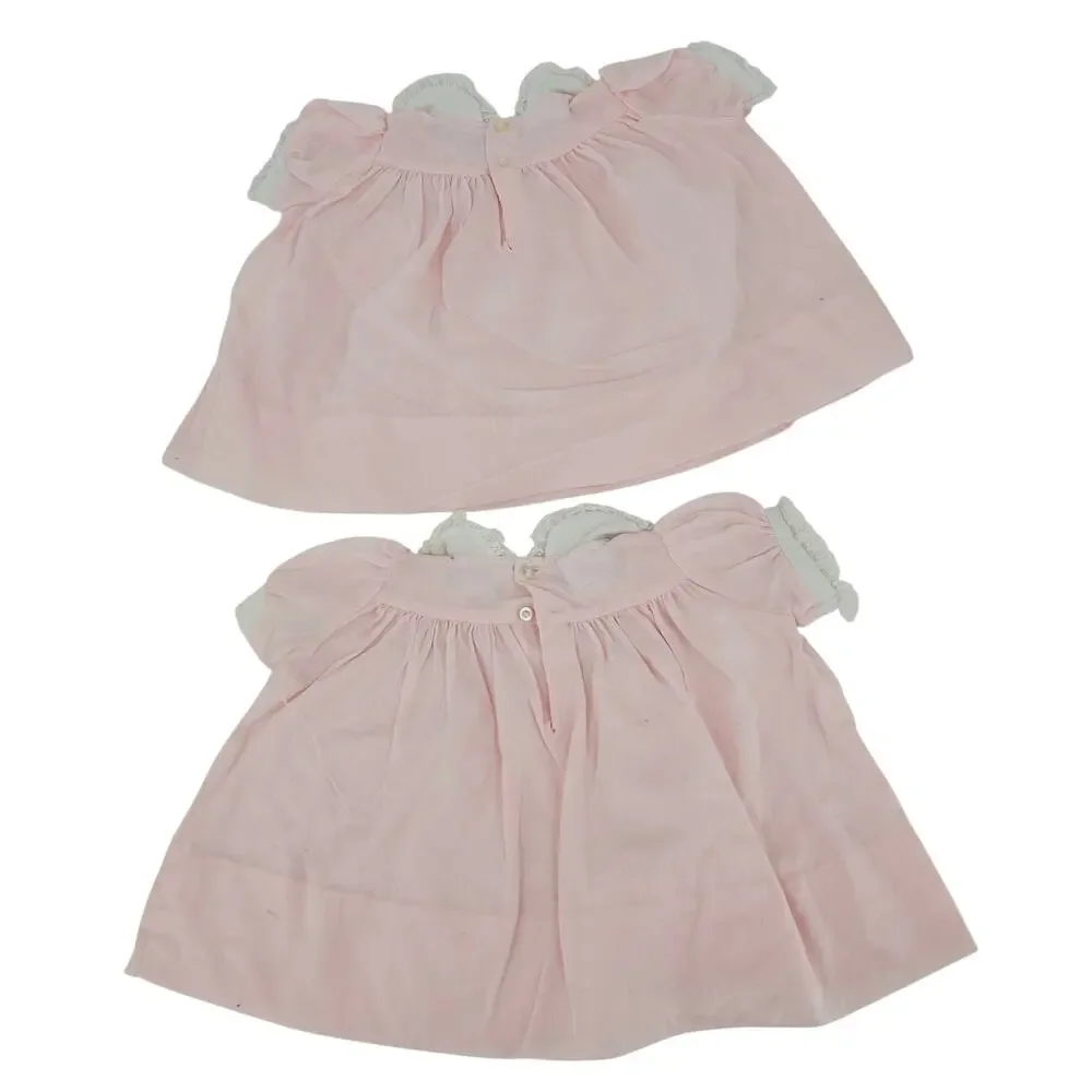 Vintage Polly Flinders Pink Lace Ruffle Frilly Smocked Dresses TWINS NB 0-3 mo